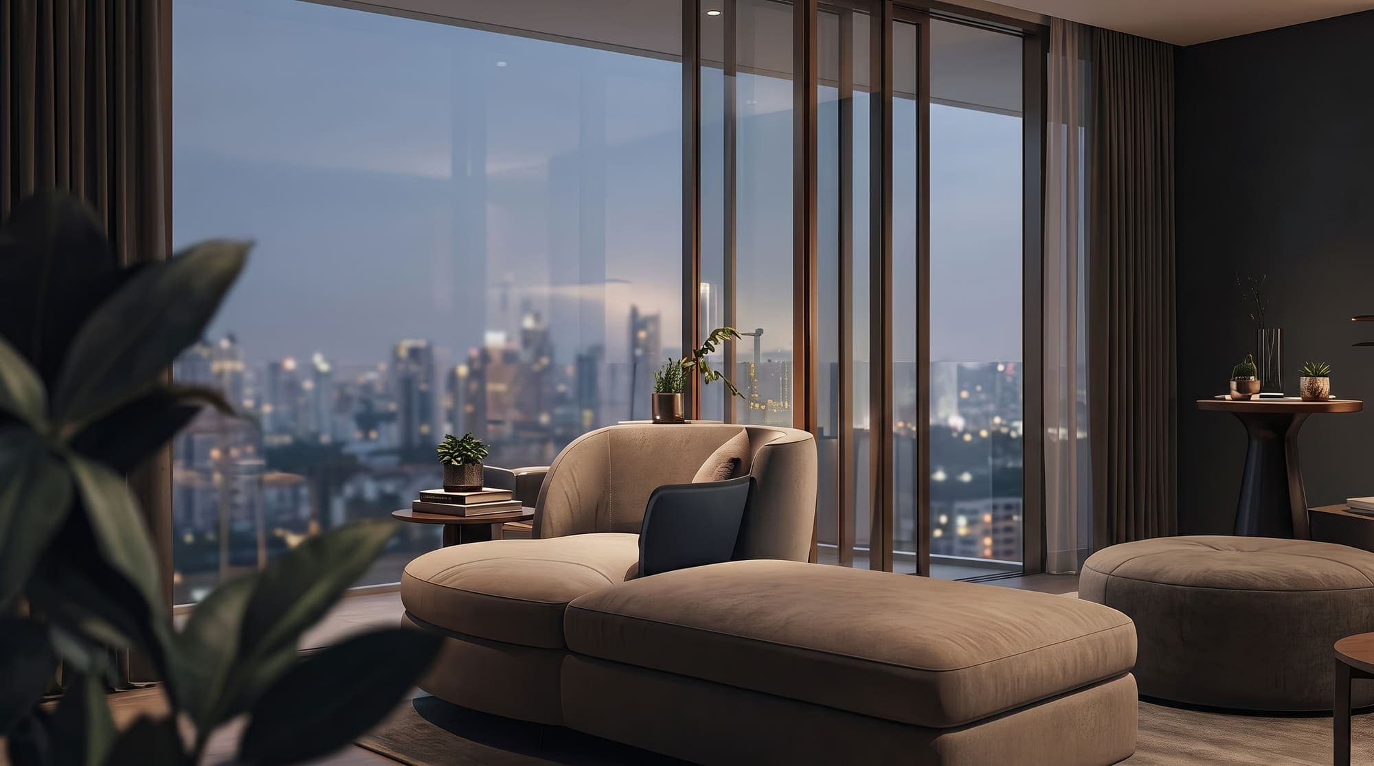 Lounge interior with a city view at dusk